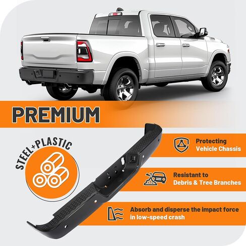 KUAFU Rear Bumper Assembly Compatible with 2009-2024 Dodge Ram 1500 Pickup Classic, 2010 2011 2012 Ram 2500 3500 Pickup CH1103121, 68049769AB W/Sensor Holes Steel+Plastic 2Packages Replacement Only in Saudi Arabia