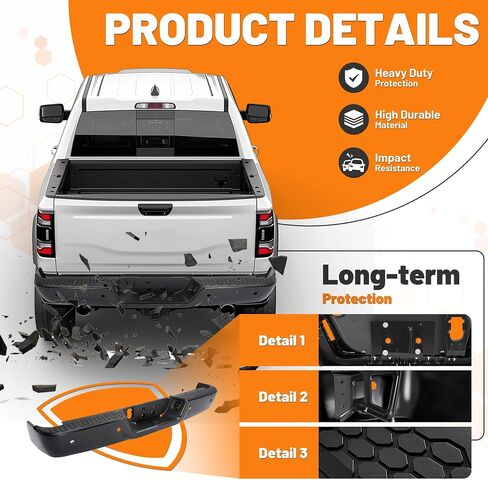 KUAFU Rear Bumper Assembly Compatible with 2009-2024 Dodge Ram 1500 Pickup Classic, 2010 2011 2012 Ram 2500 3500 Pickup CH1103121, 68049769AB W/Sensor Holes Steel+Plastic 2Packages Replacement Only in Saudi Arabia