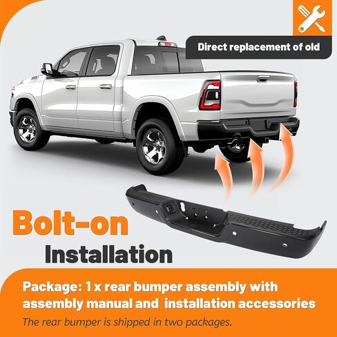 KUAFU Rear Bumper Assembly Compatible with 2009-2024 Dodge Ram 1500 Pickup Classic, 2010 2011 2012 Ram 2500 3500 Pickup CH1103121, 68049769AB W/Sensor Holes Steel+Plastic 2Packages Replacement Only in Saudi Arabia
