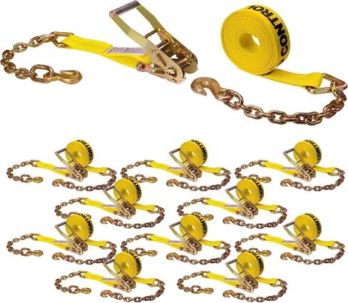 US Cargo Control 2 Inch x 27 Foot Ratchet Straps with Chain Ends and Grab Hooks (2 Pack), 2 Inch Ratchet Straps for Flatbed Trailers, Grade 70 Transport Chain End, Chain Hooks for 5/16" Chain in Kuwait