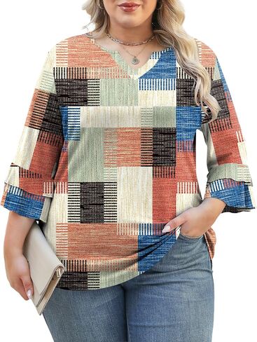 TFSDOD Plus Tops for Women v Neck 3/4 Sleeve Tucy Tunics Business Dust Double Tirts (1XL-5XL in Kuwait