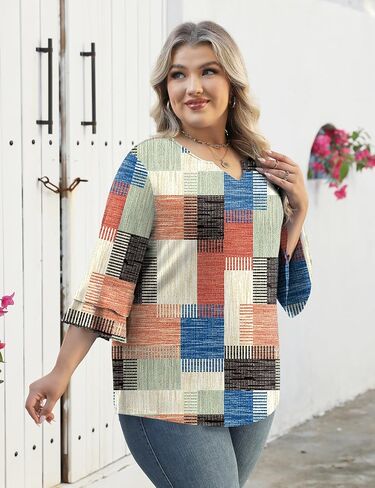 TFSDOD Plus Tops for Women v Neck 3/4 Sleeve Tucy Tunics Business Dust Double Tirts (1XL-5XL in Kuwait