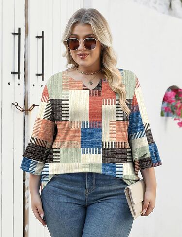TFSDOD Plus Tops for Women v Neck 3/4 Sleeve Tucy Tunics Business Dust Double Tirts (1XL-5XL in Kuwait
