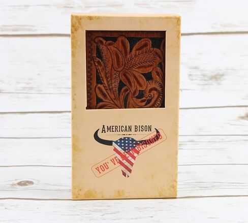 American Bison Arrigo Floral Design RFID Rodeo Wallet للرجال-محفظة جلد البقر ذات الأدوات اليدوية مع صندوق هدايا (بني غامق) in Kuwait