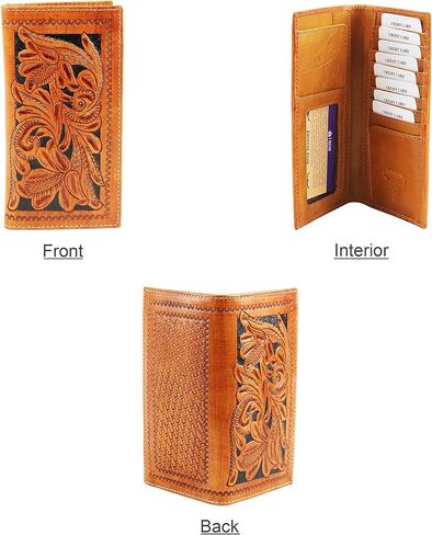 American Bison Arrigo Floral Design RFID Rodeo Wallet للرجال-محفظة جلد البقر ذات الأدوات اليدوية مع صندوق هدايا (بني غامق) in Kuwait