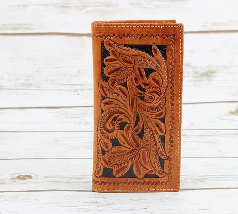 American Bison Arrigo Floral Design RFID Rodeo Wallet للرجال-محفظة جلد البقر ذات الأدوات اليدوية مع صندوق هدايا (بني غامق) in Kuwait