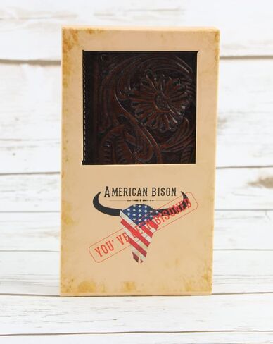 American Bison Arrigo Floral Design RFID Rodeo Wallet للرجال-محفظة جلد البقر ذات الأدوات اليدوية مع صندوق هدايا (بني غامق) in Kuwait