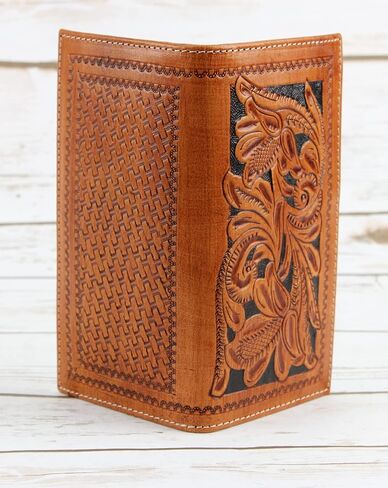 American Bison Arrigo Floral Design RFID Rodeo Wallet للرجال-محفظة جلد البقر ذات الأدوات اليدوية مع صندوق هدايا (بني غامق) in Kuwait