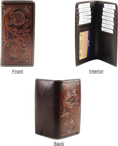 American Bison Arrigo Floral Design RFID Rodeo Wallet للرجال-محفظة جلد البقر ذات الأدوات اليدوية مع صندوق هدايا (بني غامق) in Kuwait