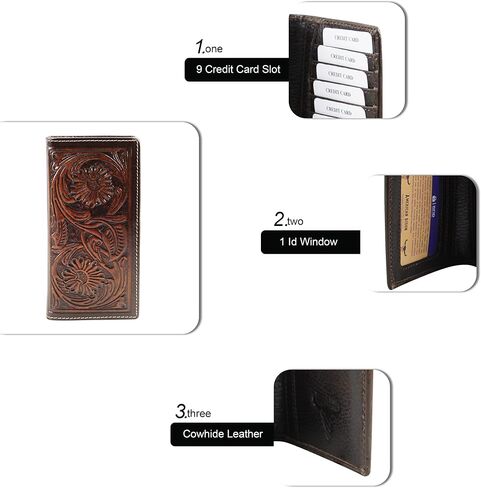 American Bison Arrigo Floral Design RFID Rodeo Wallet للرجال-محفظة جلد البقر ذات الأدوات اليدوية مع صندوق هدايا (بني غامق) in Kuwait