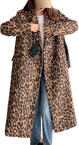 Sexyshine Women Women’s Leopard Print Long Trench Coat المسحوب الطاشية المزدوجة الصدر معطف البازلاء in Kuwait