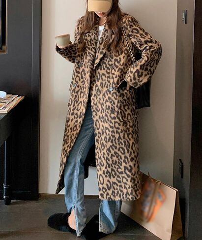 Sexyshine Women Women’s Leopard Print Long Trench Coat المسحوب الطاشية المزدوجة الصدر معطف البازلاء in Kuwait