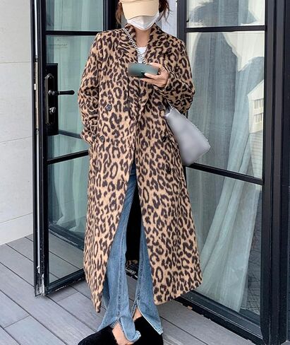 Sexyshine Women Women’s Leopard Print Long Trench Coat المسحوب الطاشية المزدوجة الصدر معطف البازلاء in Kuwait