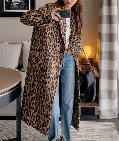 Sexyshine Women Women’s Leopard Print Long Trench Coat المسحوب الطاشية المزدوجة الصدر معطف البازلاء in Kuwait