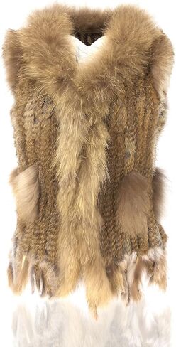 Women's 100% Natural Knit Rabbit Fur Vest With Raccoon Fur Collar in Saudi Arabia