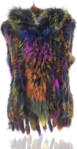 Women's 100% Natural Knit Rabbit Fur Vest With Raccoon Fur Collar in Saudi Arabia