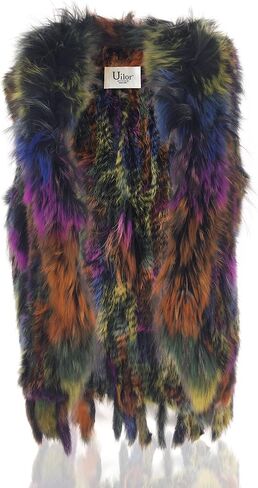 Women's 100% Natural Knit Rabbit Fur Vest With Raccoon Fur Collar in Saudi Arabia