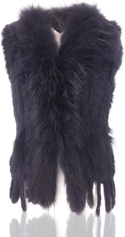 Women's 100% Natural Knit Rabbit Fur Vest With Raccoon Fur Collar in Saudi Arabia