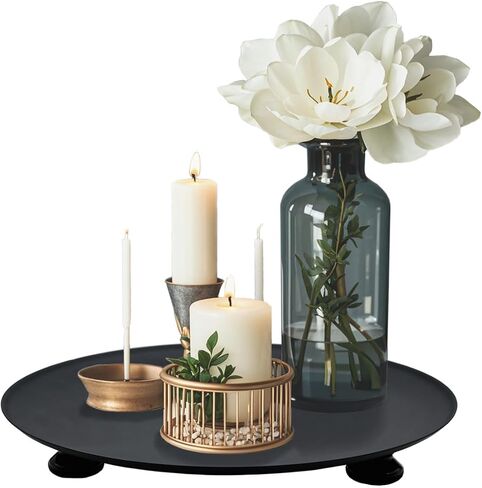 11 inches Black Round Metal Candlestick Tray, Wood Foot Decorative Serving Tray, Perfume and Candle Holder Tray for Wedding Table, Dinning Table Decorations in Saudi Arabia