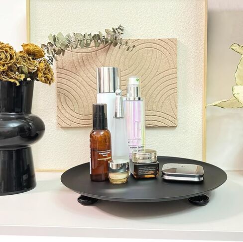 11 inches Black Round Metal Candlestick Tray, Wood Foot Decorative Serving Tray, Perfume and Candle Holder Tray for Wedding Table, Dinning Table Decorations in Saudi Arabia