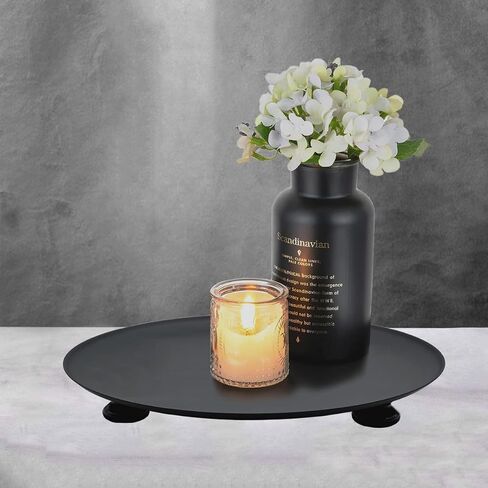 11 inches Black Round Metal Candlestick Tray, Wood Foot Decorative Serving Tray, Perfume and Candle Holder Tray for Wedding Table, Dinning Table Decorations in Saudi Arabia