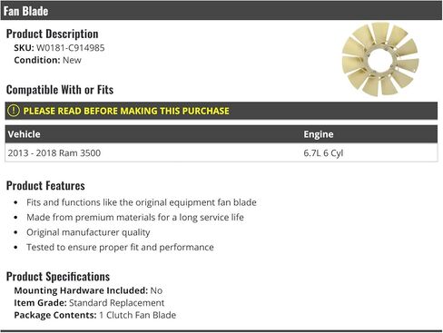 Fan Blade - Compatible with 2013-2018 Ram 3500 6.7L 6-Cylinder in Saudi Arabia