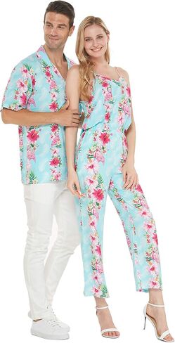 Couple Matching Hawaiian Luau Shirt Jumpsuit in Pink Black Hibiscus Vine in Saudi Arabia