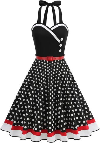 50s Style Dresses for Women Vintage Floral Polka Dots Sleeveless Halter Swing Dress Midi Prom Dress with Belt in Kuwait