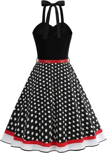 50s Style Dresses for Women Vintage Floral Polka Dots Sleeveless Halter Swing Dress Midi Prom Dress with Belt in Kuwait