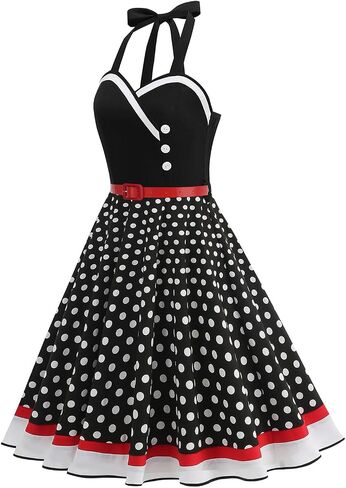 50s Style Dresses for Women Vintage Floral Polka Dots Sleeveless Halter Swing Dress Midi Prom Dress with Belt in Kuwait