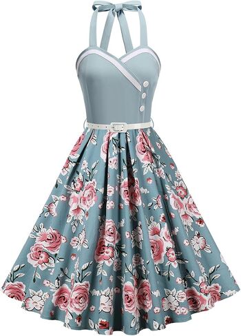 50s Style Dresses for Women Vintage Floral Polka Dots Sleeveless Halter Swing Dress Midi Prom Dress with Belt in Kuwait