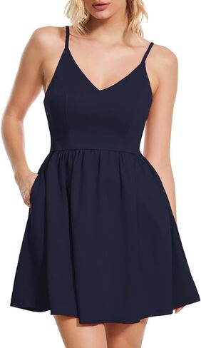 Roylamp Women's Spaghetti Casual Frics Srites Elegant V-Neck A-LINE SWINE SWING PETITE TIERID MINI FURCH مع جيوب in Kuwait