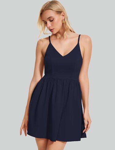 Roylamp Women's Spaghetti Casual Frics Srites Elegant V-Neck A-LINE SWINE SWING PETITE TIERID MINI FURCH مع جيوب in Kuwait
