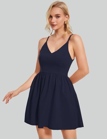 Roylamp Women's Spaghetti Casual Frics Srites Elegant V-Neck A-LINE SWINE SWING PETITE TIERID MINI FURCH مع جيوب in Kuwait