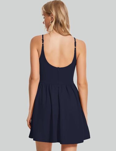 Roylamp Women's Spaghetti Casual Frics Srites Elegant V-Neck A-LINE SWINE SWING PETITE TIERID MINI FURCH مع جيوب in Kuwait