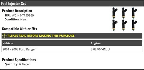 Fuel Injector Kit - 6 Piece - Compatible with 2001-2008 Ford Ranger 3.0L V6 (Vin U) in Saudi Arabia