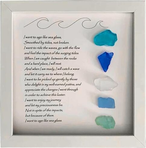 Handmade Large Sea Glass Poem, Sea Glass Poetic Colorful Stone Picture Frame, Sea Glass Poem Art Framed, I Want to Age like Sea Glass Poem Framed, Sea Glass Gift (White Frame) in Saudi Arabia