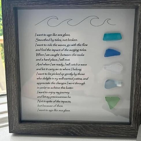 Handmade Large Sea Glass Poem, Sea Glass Poetic Colorful Stone Picture Frame, Sea Glass Poem Art Framed, I Want to Age like Sea Glass Poem Framed, Sea Glass Gift (White Frame) in Saudi Arabia