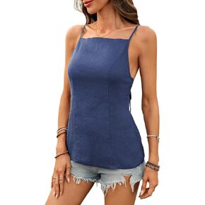Women's Linen Spaghetti Tank Top Square Neck 100% Linen Back Tie Sleeveless Blouses Tops in Kuwait