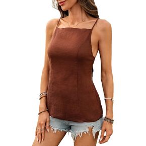 Women's Linen Spaghetti Tank Top Square Neck 100% Linen Back Tie Sleeveless Blouses Tops in Saudi Arabia