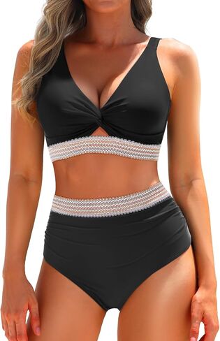 بيكيني Yonique للسيدات عالية الخصر - تويست الأمامي من قطعتين من ملابس السباحة كتلة التغطية الكاملة بدلة السباحة in Kuwait