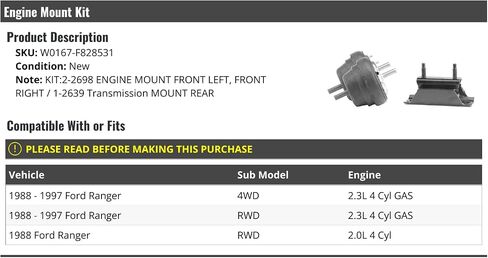 Engine Mount Kit - 3-Piece - Compatible with 1988-1997 Ford Ranger 2.3L 4-Cylinder 4WD, 2WD (Fits 1988 2.0L and 2.3L 4-Cylinder) in Saudi Arabia