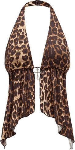 Milumia Line's Leopard Printless Halter Top Y2K Punk Ruffle Tank Tops in Kuwait