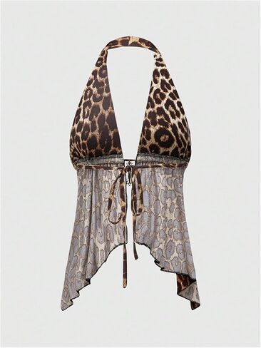 Milumia Line's Leopard Printless Halter Top Y2K Punk Ruffle Tank Tops in Kuwait