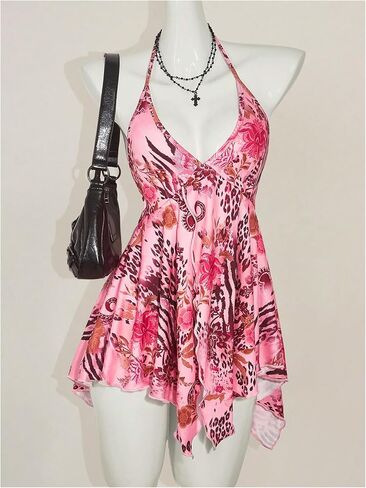 نساء Y2K Paisley Floral Halter Tops بلا أكمام منخفضة الكشكش تنحن in Kuwait