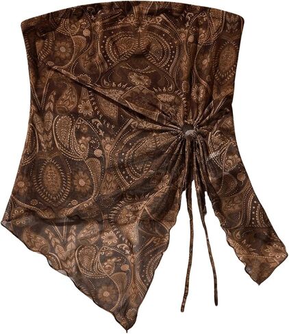 WDIRARA Women's Graphic Print Hollow Out Ruched Bandeau Tops Strapless Tie Side Crop Tube Top in Saudi Arabia