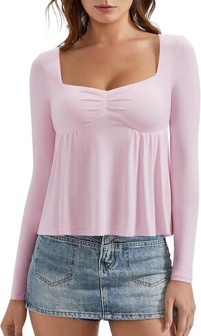 Omkagi لطيف peplum babydoll قمم للنساء الخروج طبقة مزدوجة قمصان طويلة الأكمام in Kuwait