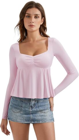 Omkagi لطيف peplum babydoll قمم للنساء الخروج طبقة مزدوجة قمصان طويلة الأكمام in Kuwait