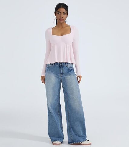 Omkagi لطيف peplum babydoll قمم للنساء الخروج طبقة مزدوجة قمصان طويلة الأكمام in Kuwait