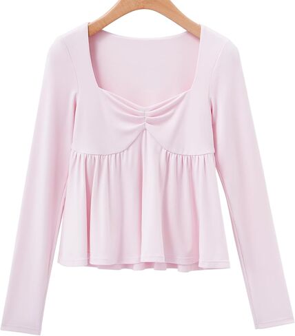 Omkagi لطيف peplum babydoll قمم للنساء الخروج طبقة مزدوجة قمصان طويلة الأكمام in Kuwait